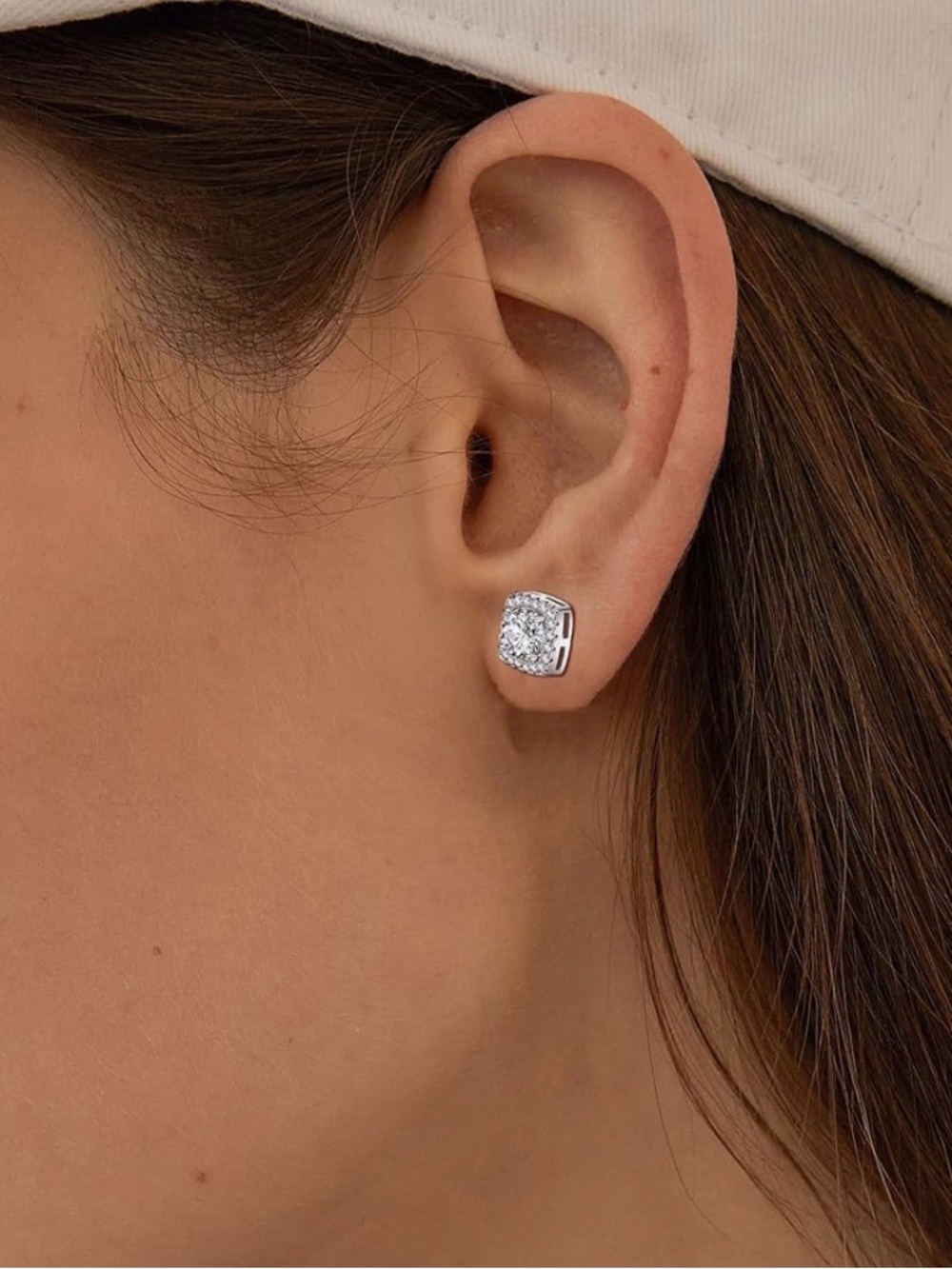 White Gold Plated Cubic Zirconia Cushion Stud Earrings. - Picture 3 of 7